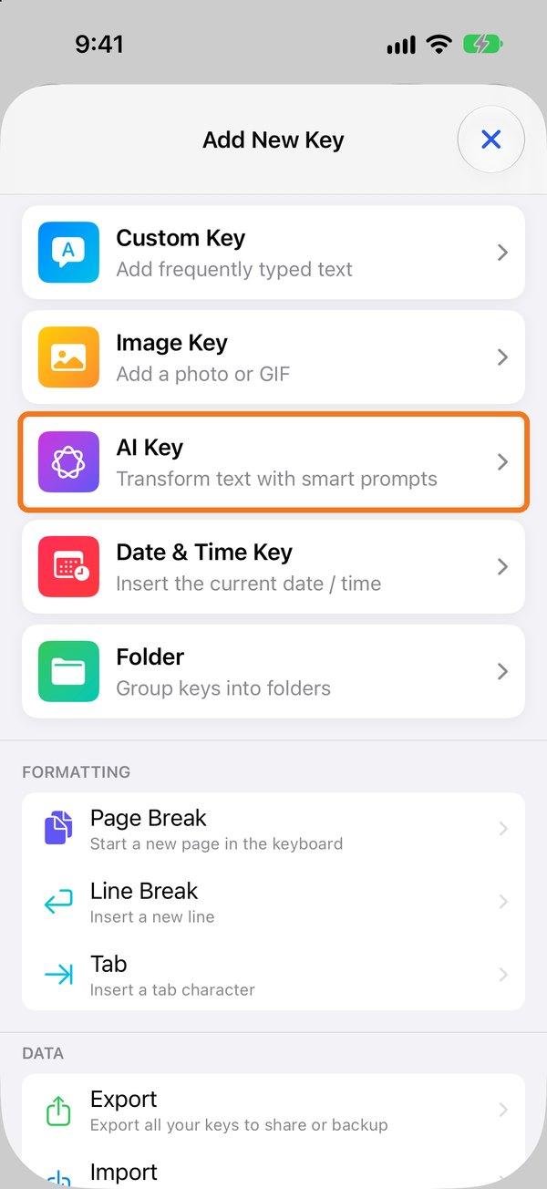 AI Key in the Add New Key menu