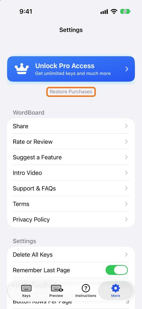 Restore Purchases under the Unlock Pro Access banner