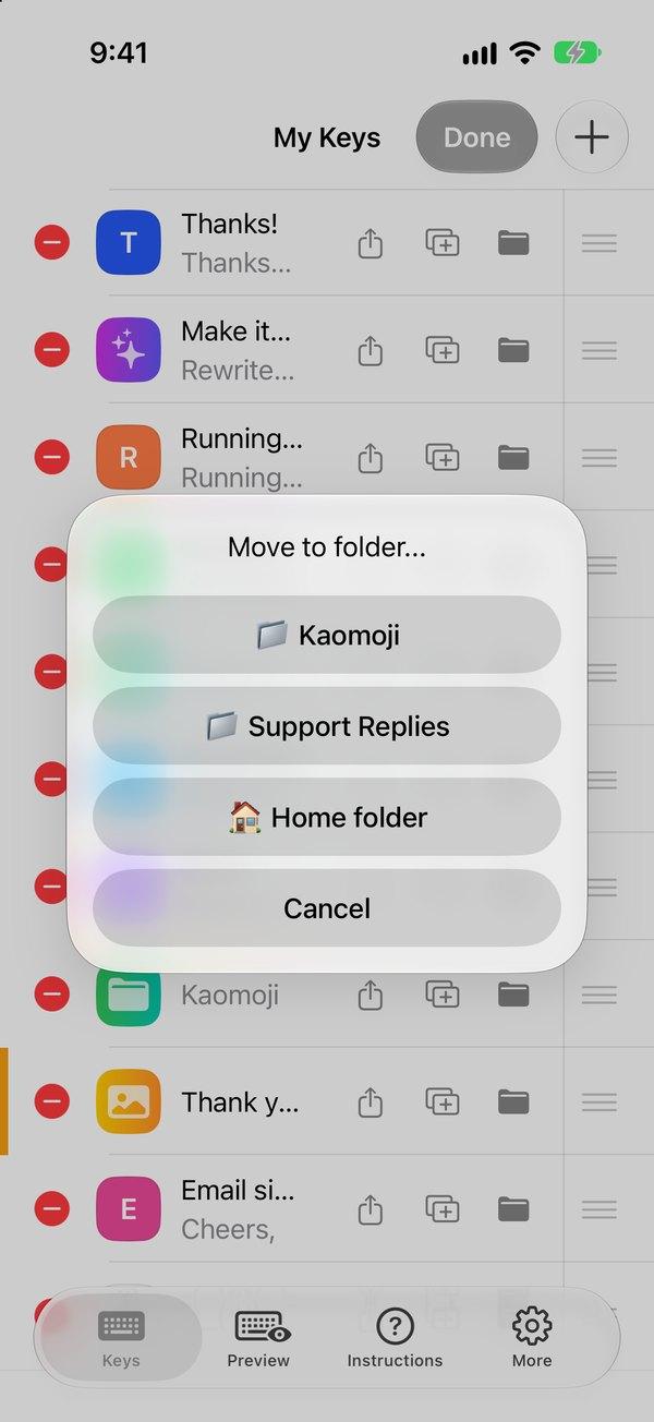 Choosing the folder to move the key to