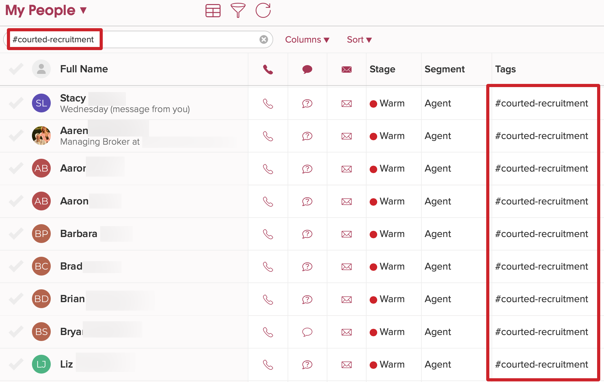 Contacts with the #courted-recruitment tag from the Courted Recruitment Watchlist.