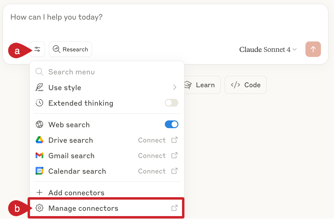 Claude Chat: Manage connectors.