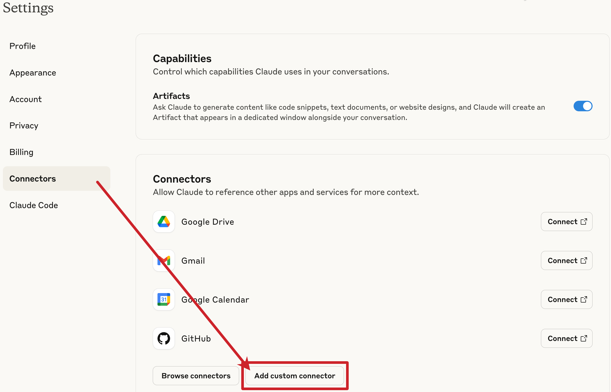 Claude Settings: add a custom connector.