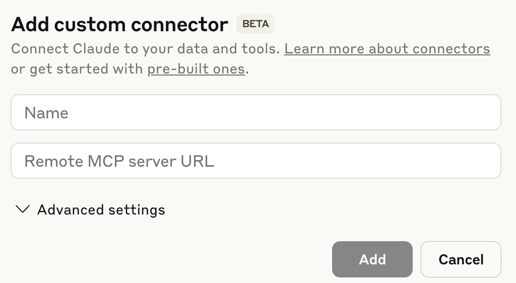 Claude add custom connector pop-up window.
