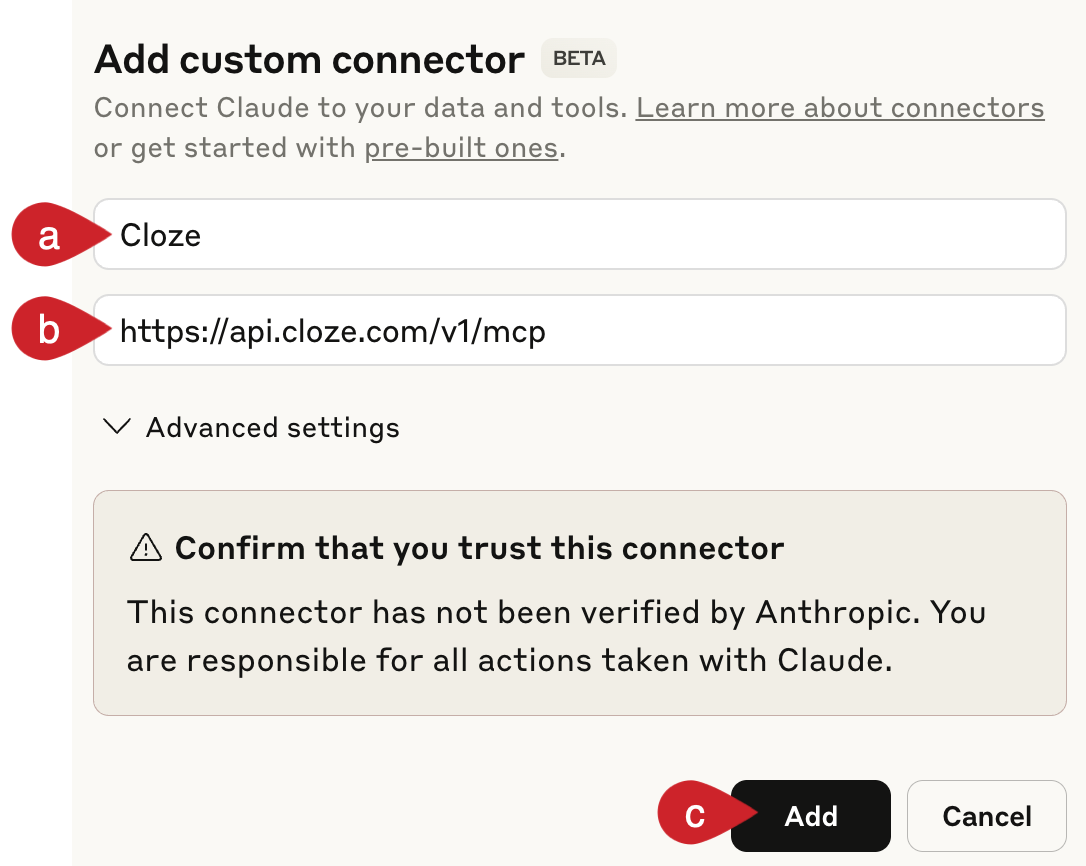 Enter the Cloze api details to add Cloze as a Claude custom connector.