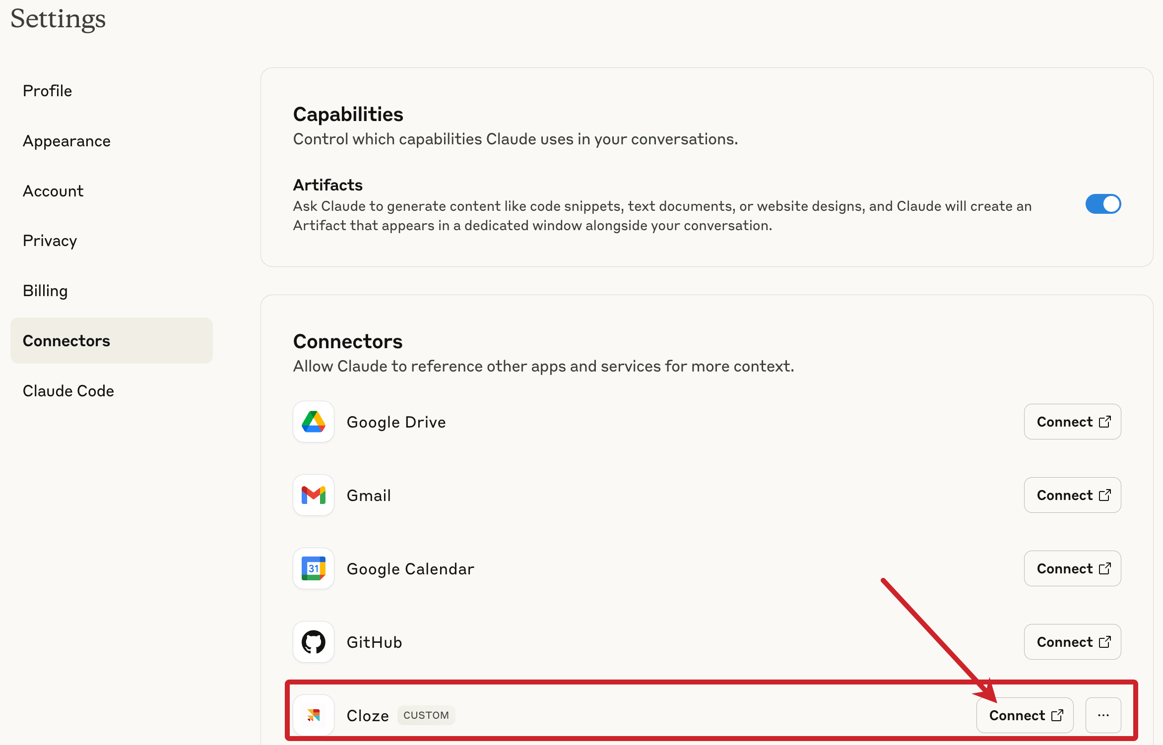 Claude: Tap on the connect button to authorize the connection with Cloze.