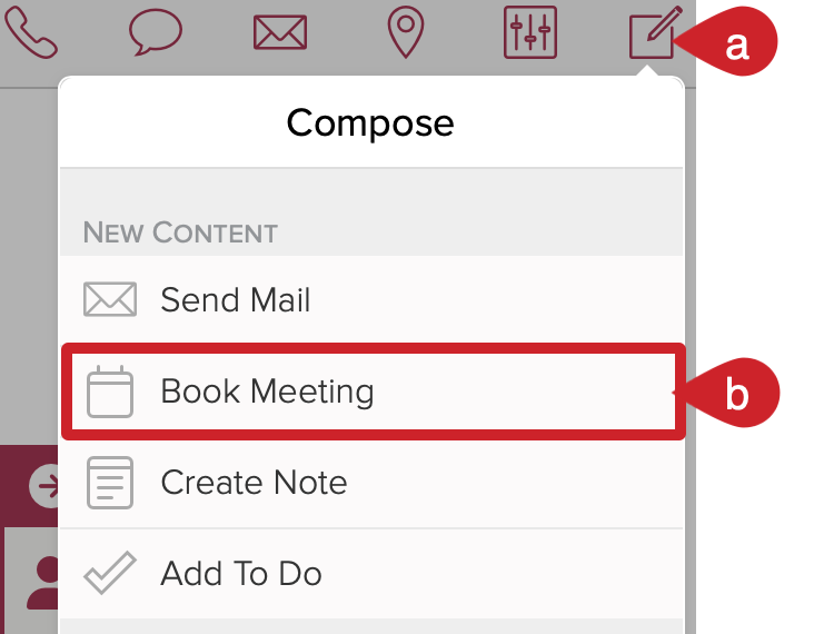 Tap on the compose icon in the upper right and select Book Meeting. 