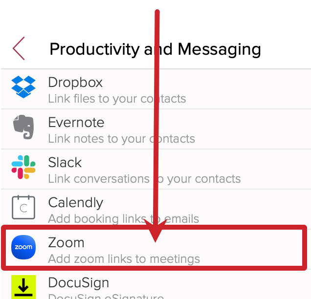 Cloze Settings: Productivity and Messaging > Select Zoom.