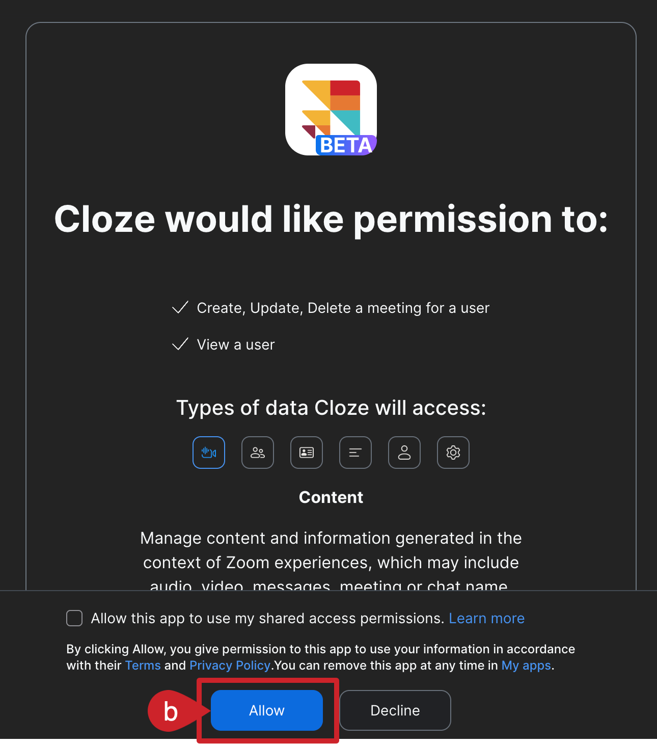 Allow Cloze to connect with your Zoom account.