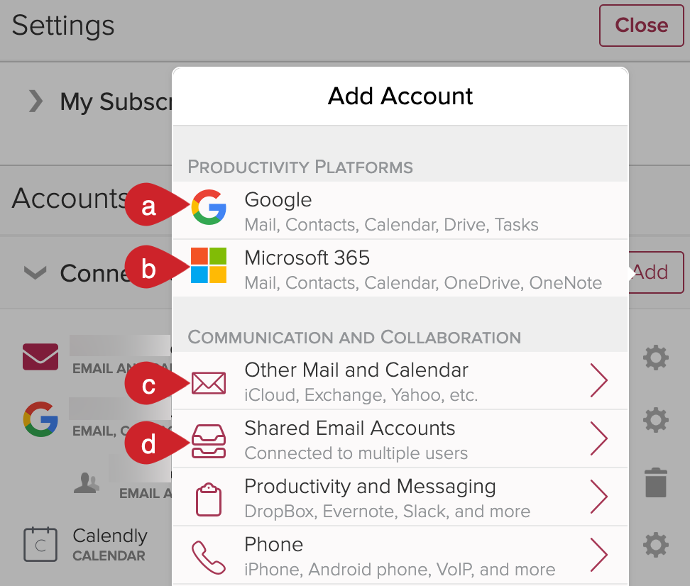 Cloze Settings - Connected Accounts: Select the email services you wish to connect.