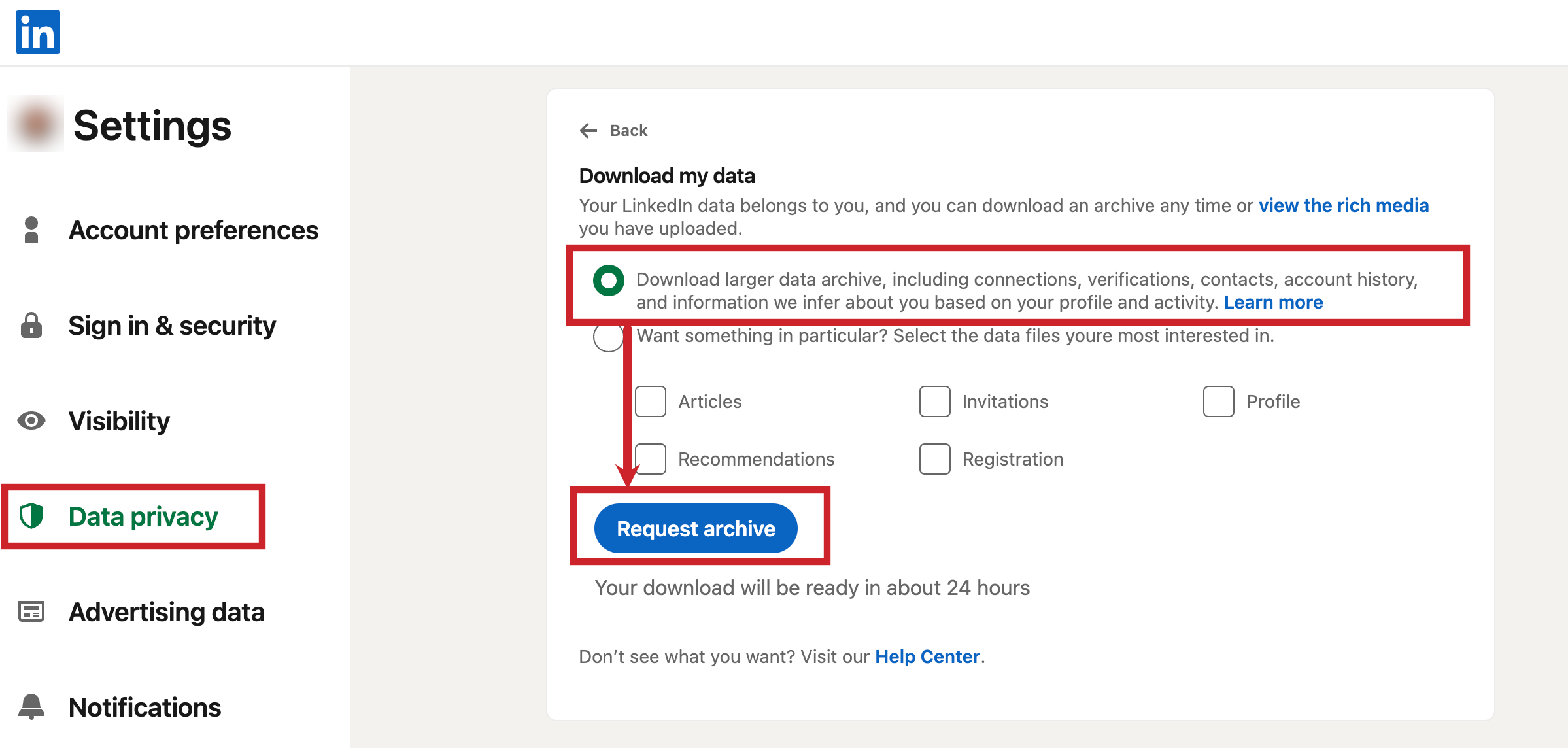 Download my data - request archive