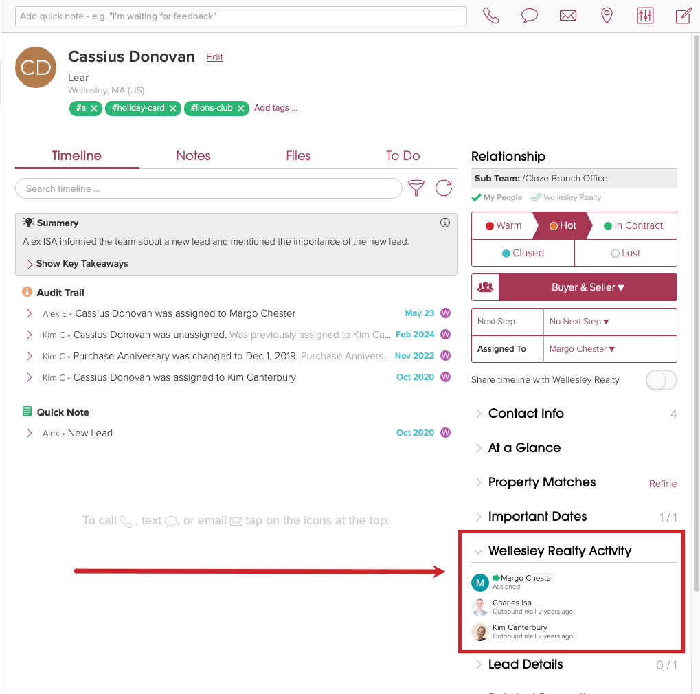 A contact profile with the team activity section towards the lower right. 
