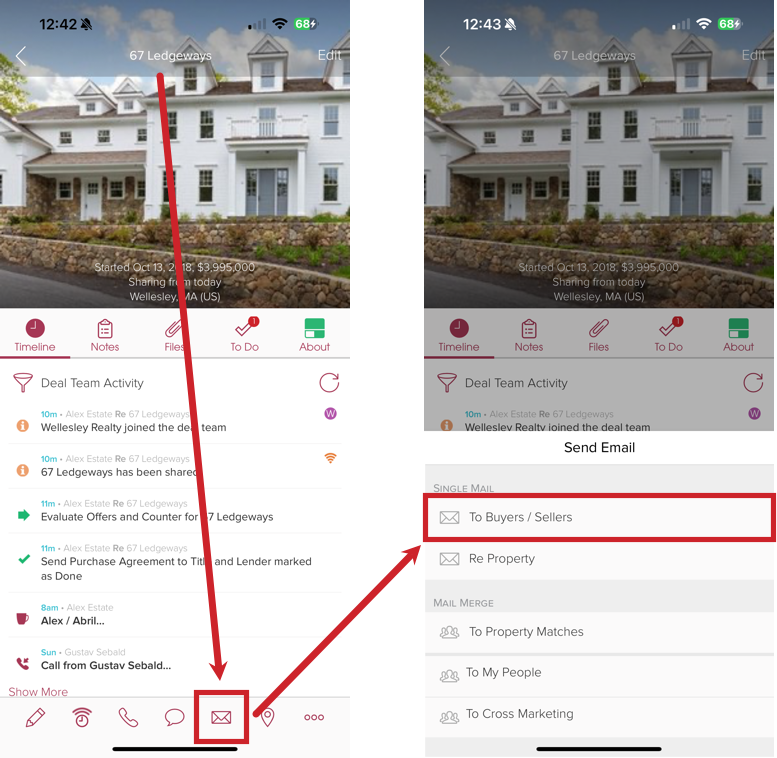 When viewing the Property, tap on the envelope icon and then tap on To Buyers / Sellers