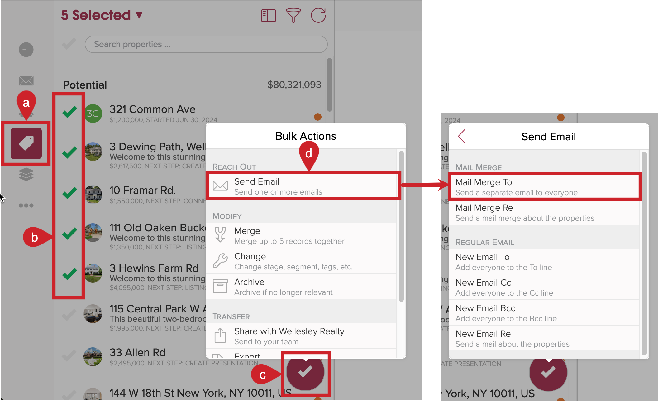 On the Property tab tap the checkmarks to select properties then tap the checkmark at the bottom and Send Email. Choose mail merge to.