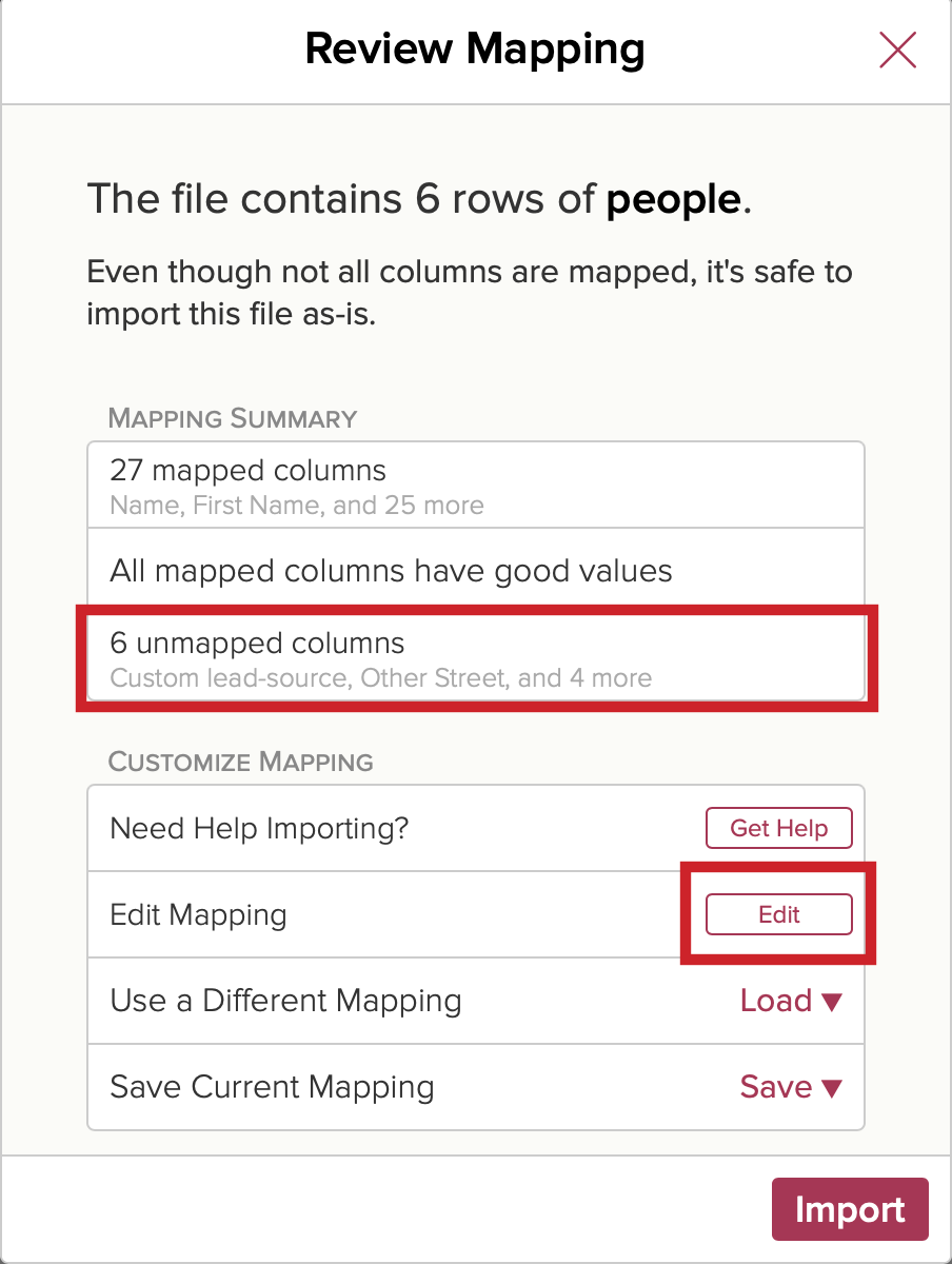 Unmapped columns are listed; tap on Edit