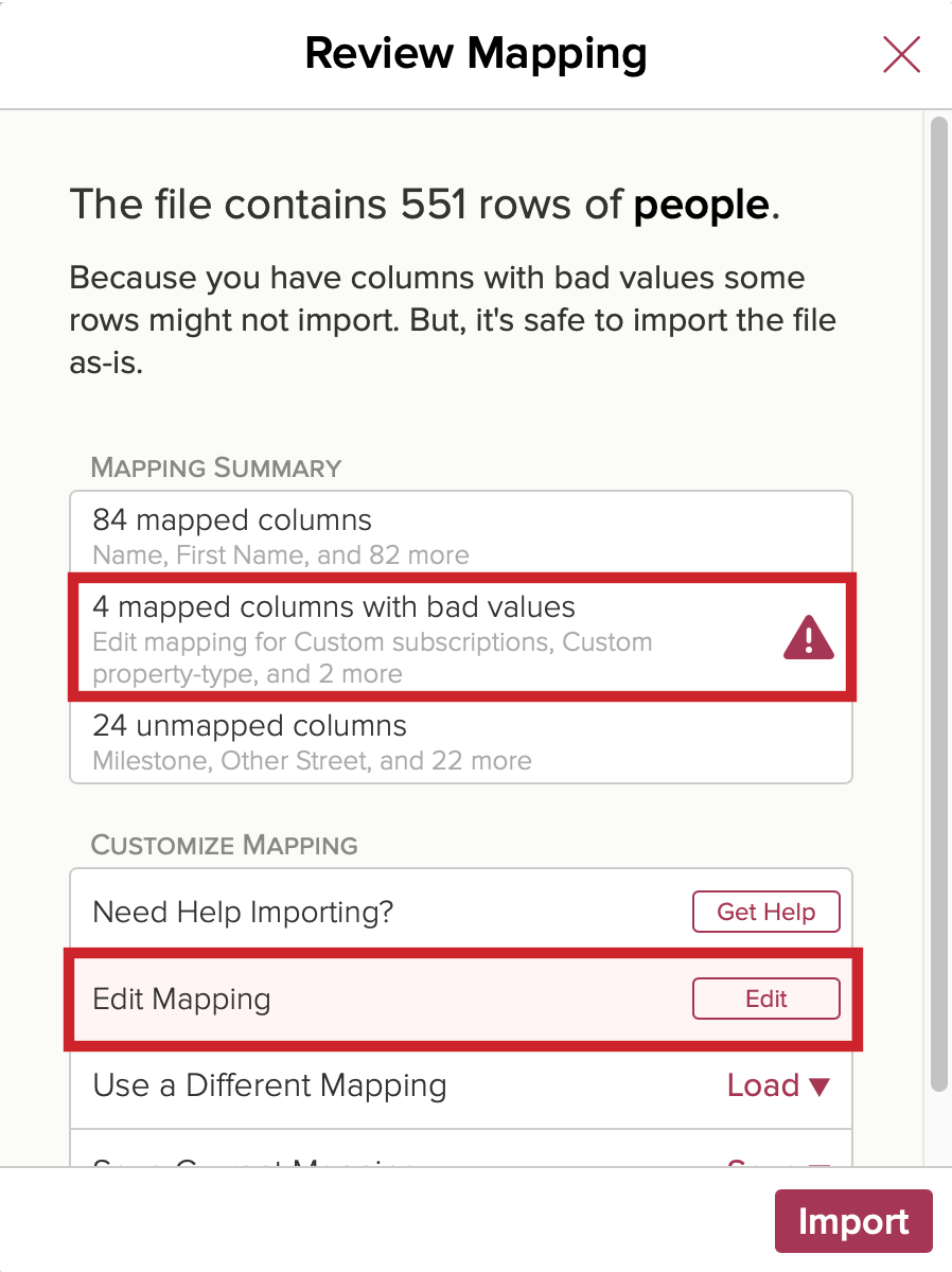 Warning shows issues with values; Tap on Edit