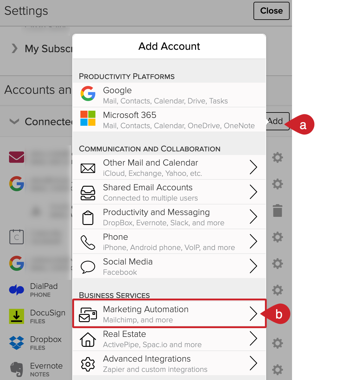 Cloze Settings: In Connected Accounts tap on the Add button and select Marketing Automation. 