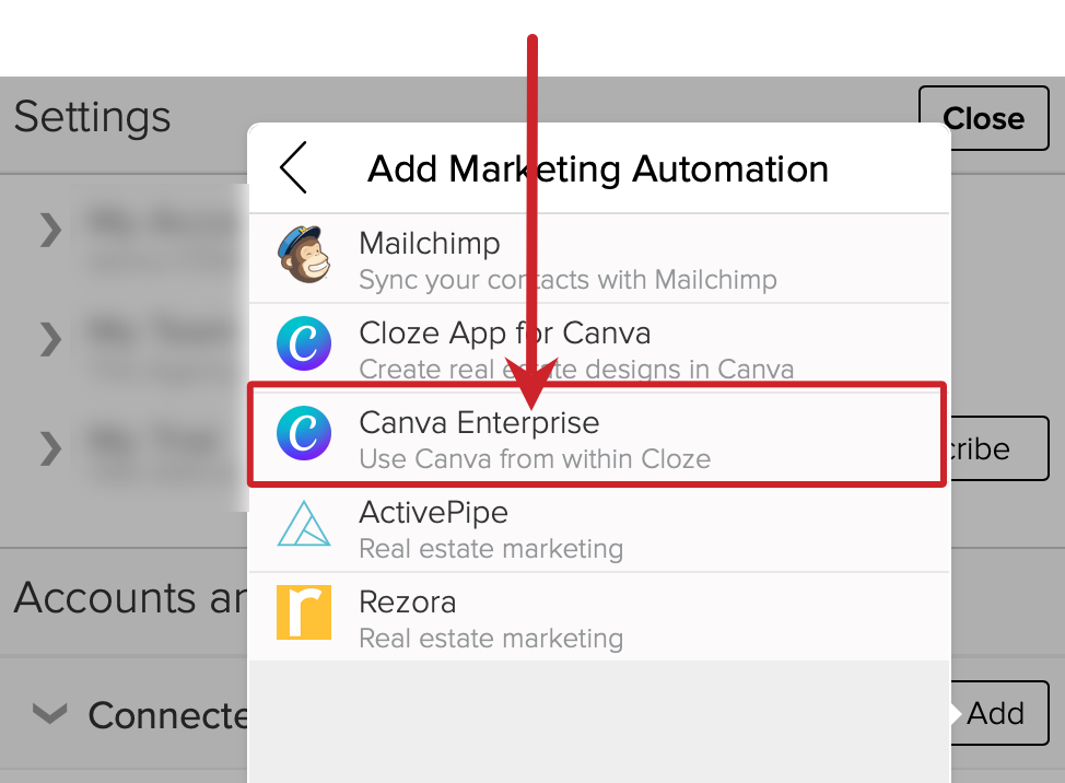 Cloze: Marketing Automation > Select Canva Enterprise.