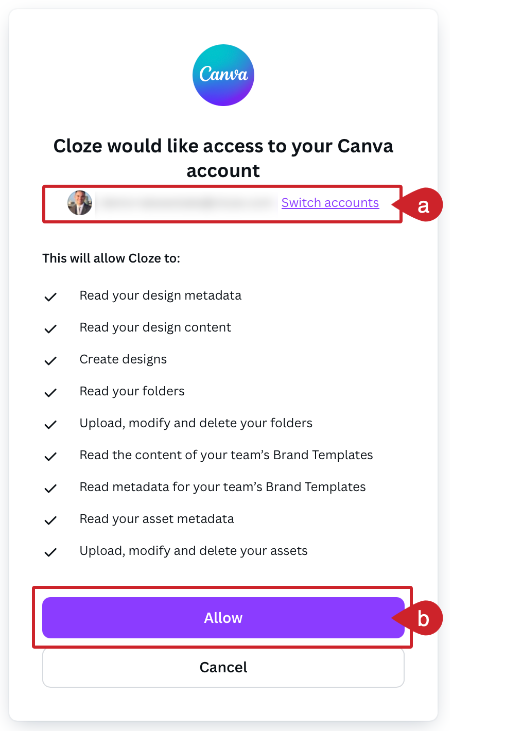 Allow Canva to connect to Cloze: Confirm you are connecting the correct Canva account and tap on the Allow button. 