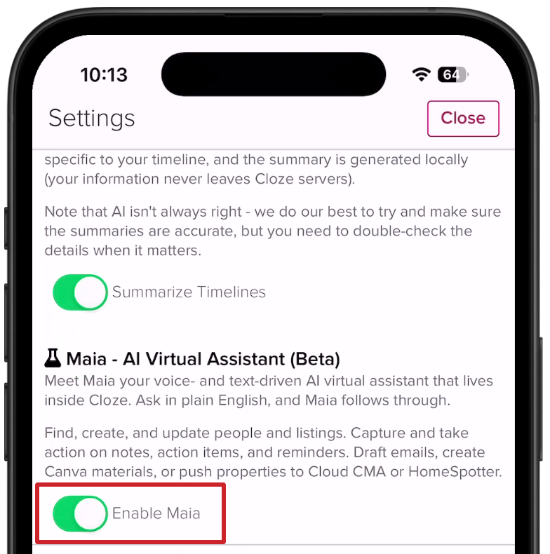 Cloze Maia is enabled.