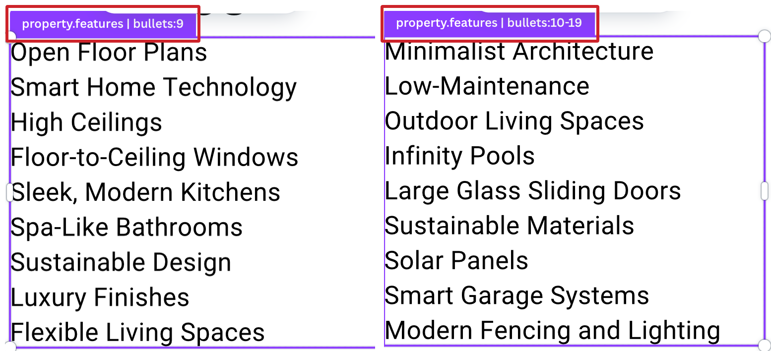 Canva autofill: Showing bullet fields.