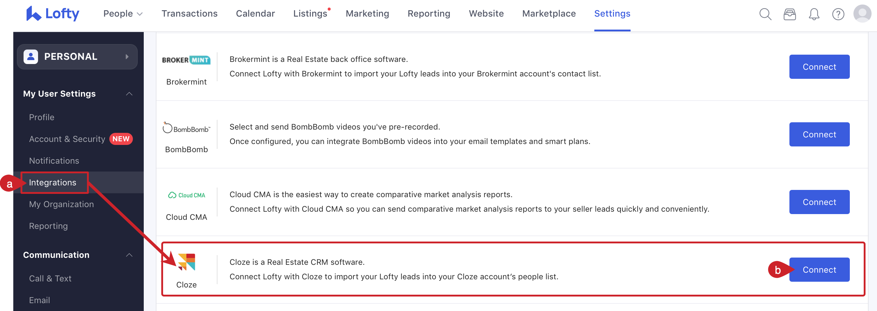 Navigate to Lofty Integrations and connect Cloze.