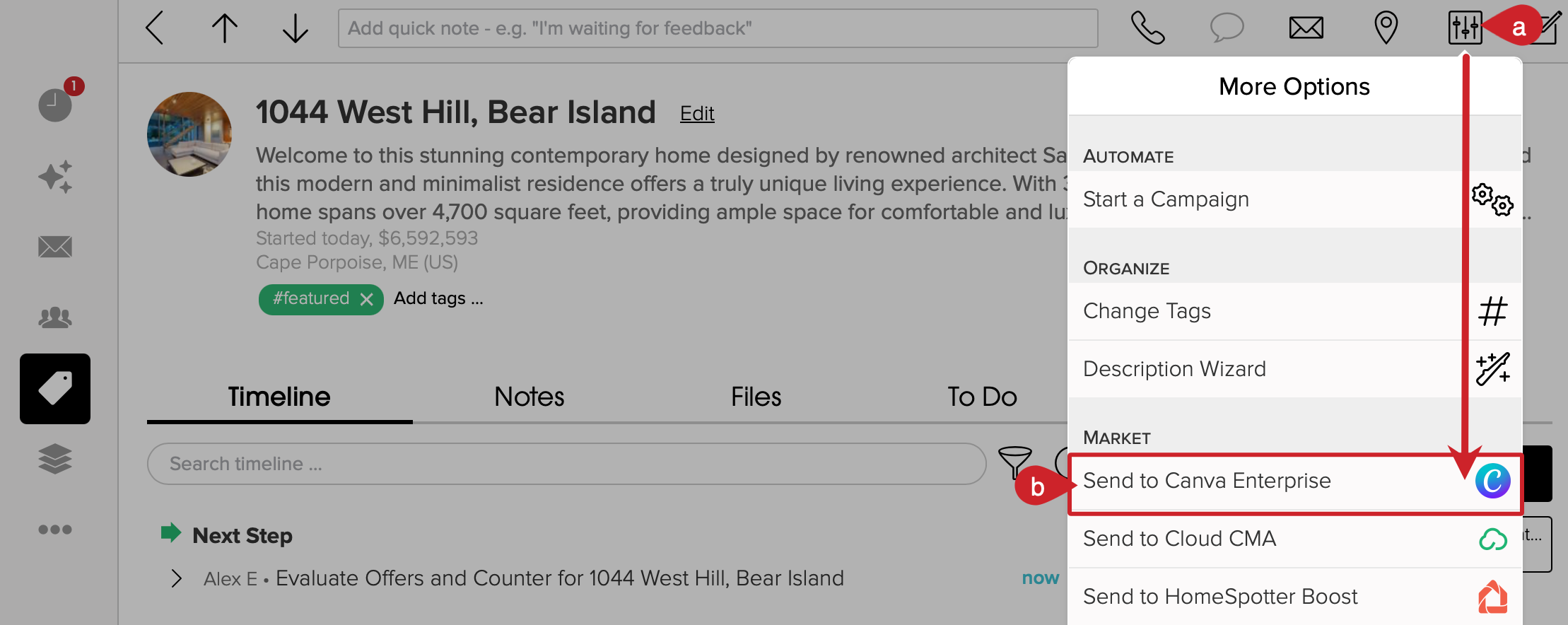 Create listing marketing: Tap on more > select Send to Canva Enterprise.