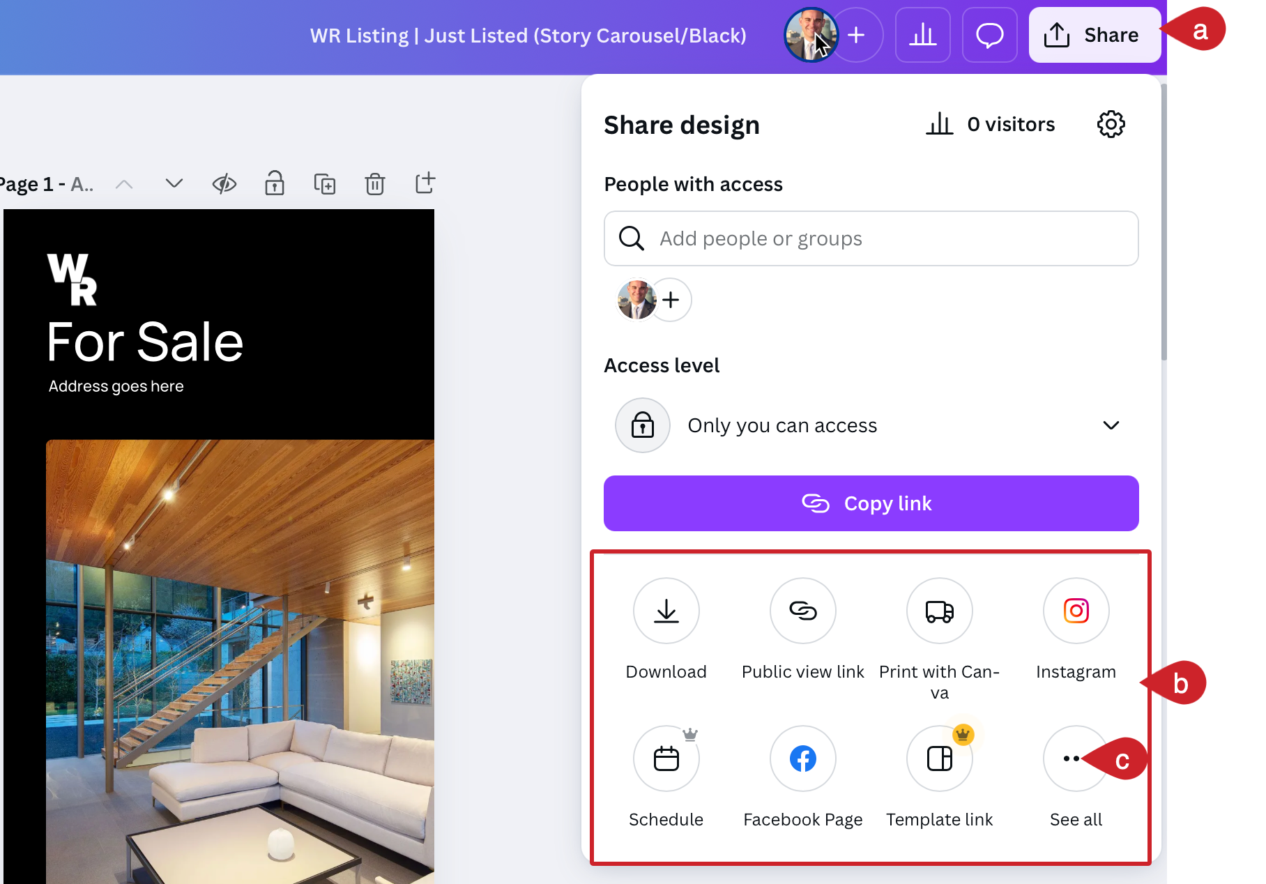 Canva: Tap on the share button to download, print, or post your Canva design. 