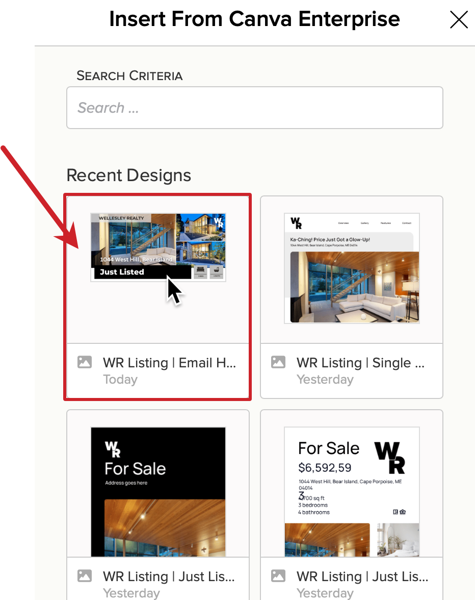 Select a Canva design to insert.