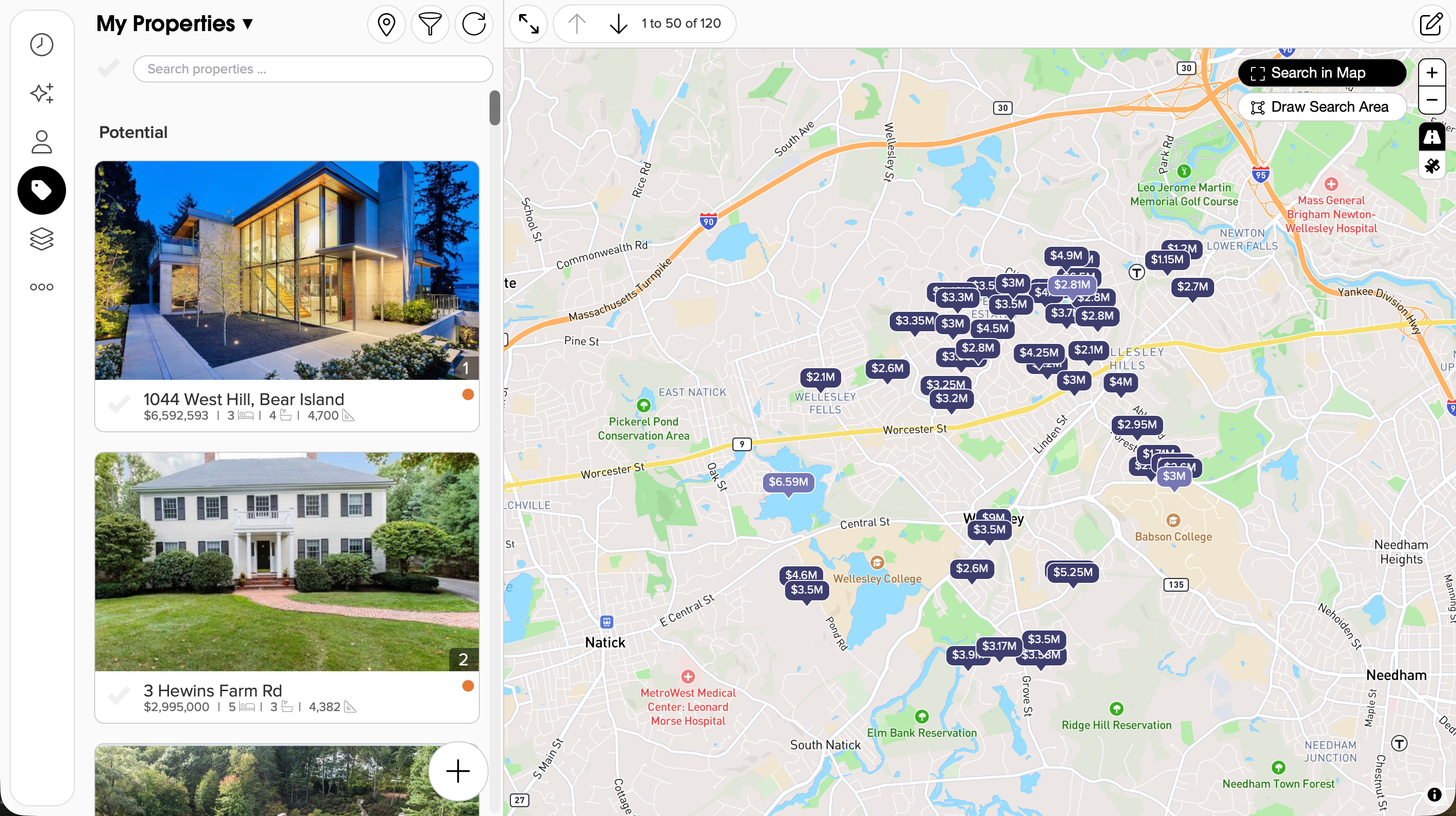 map view with property images on the left side and a map view with indicators showing the prices