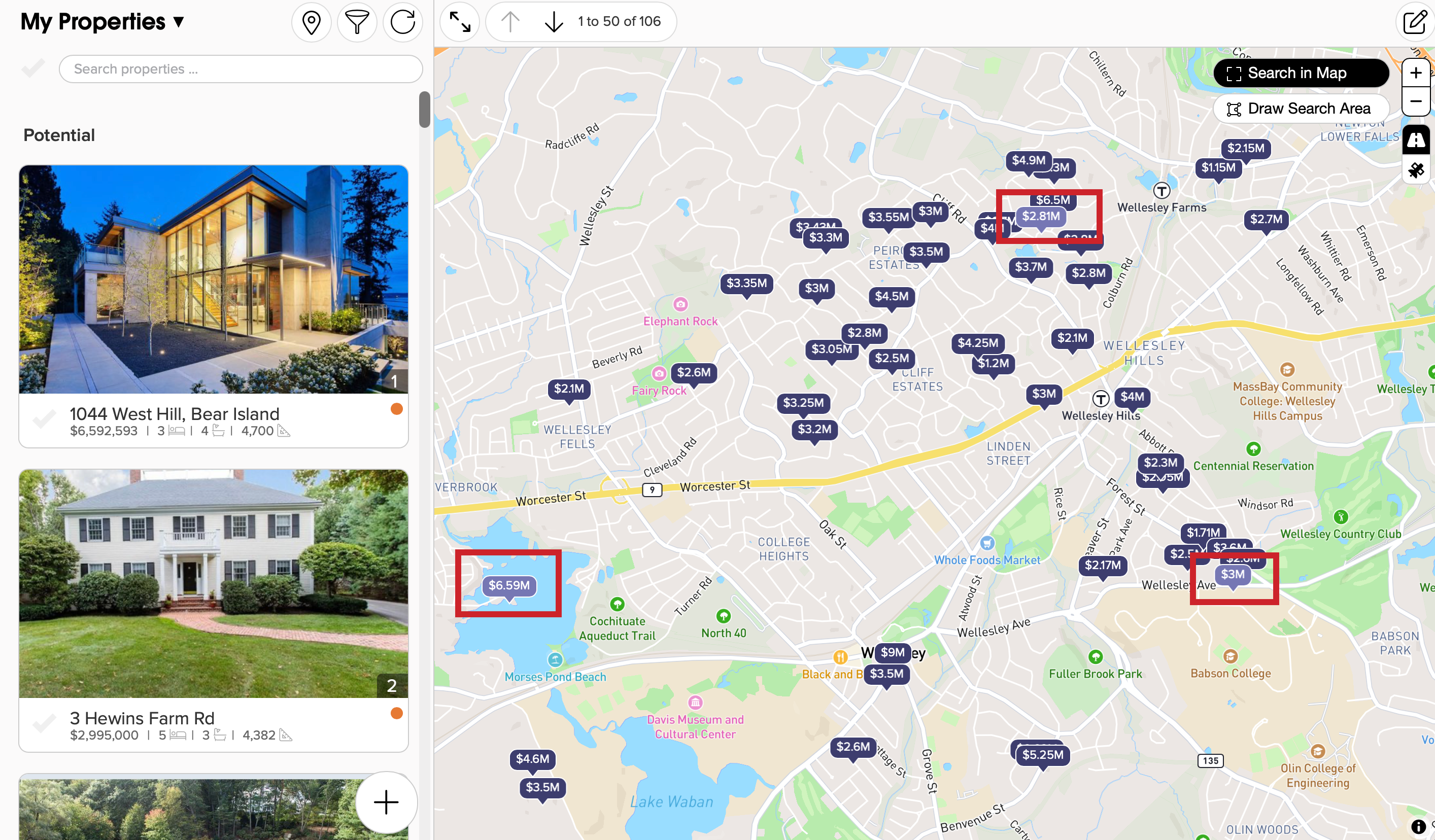The first three properties in the list on the left are the lighter colored pins on the map.