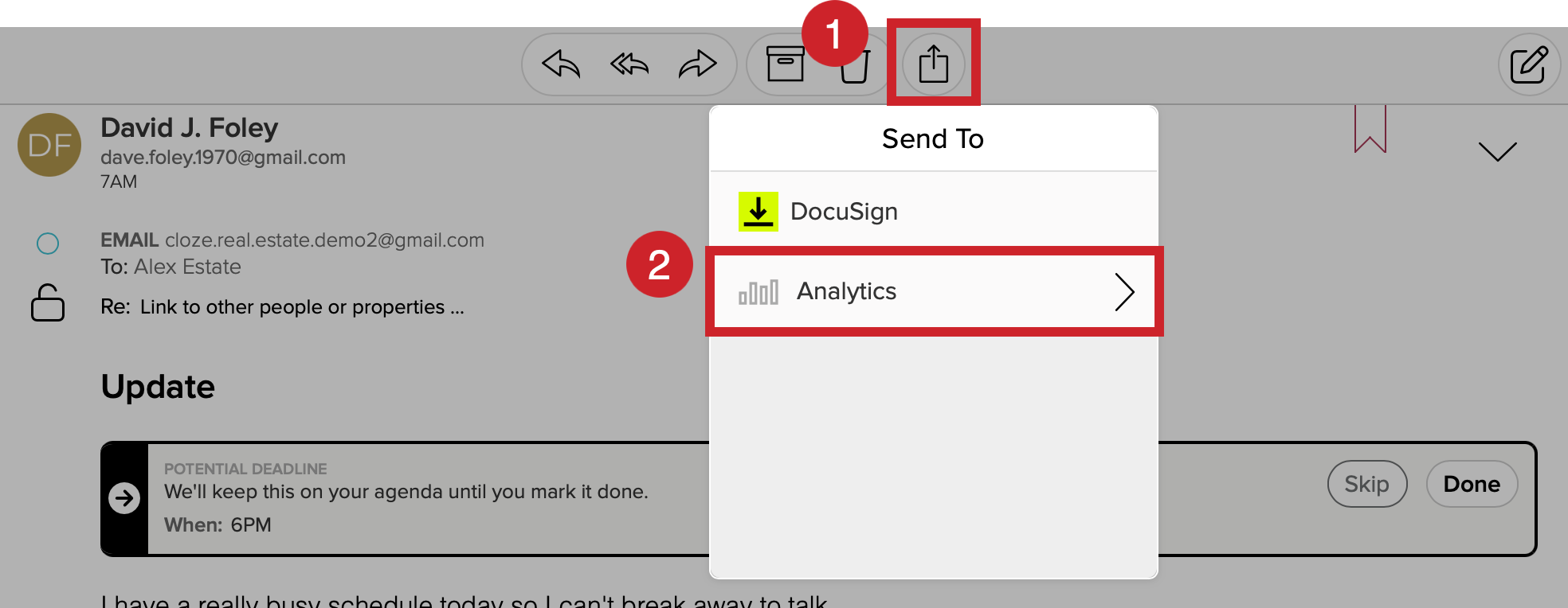 An inbound email open, tap on the Share icon and then tap on Analytics.