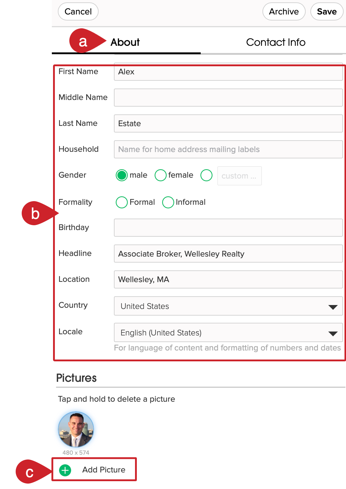 Person > Edit > About > Edit personal information such as your name, household, gender, birthday, headline, language, and picture.