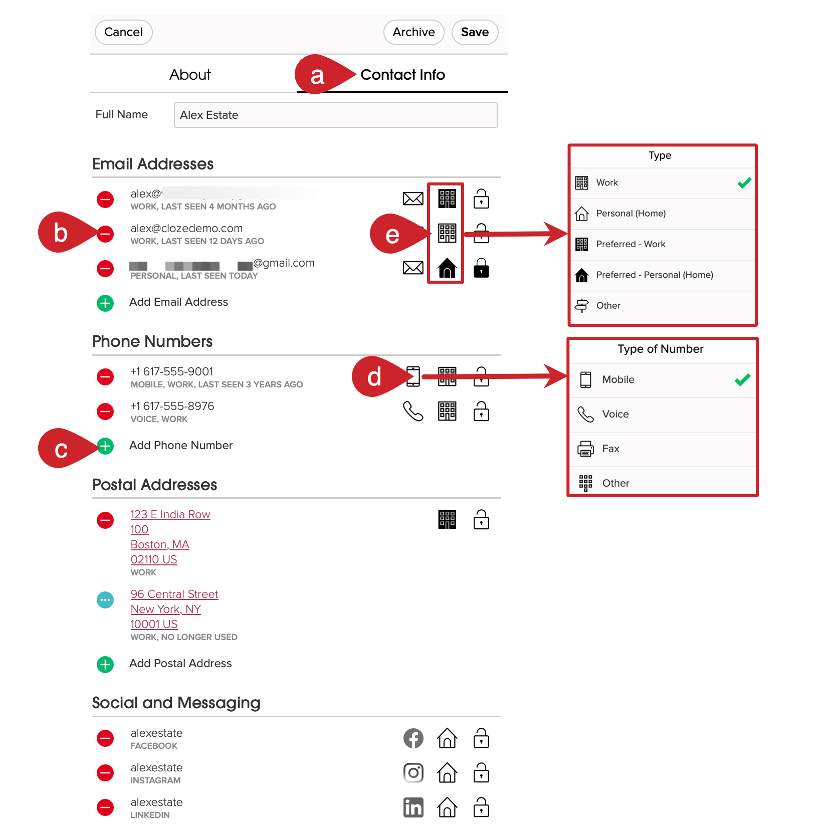 Cloze: Update contact information and set types in the Contact Info section.