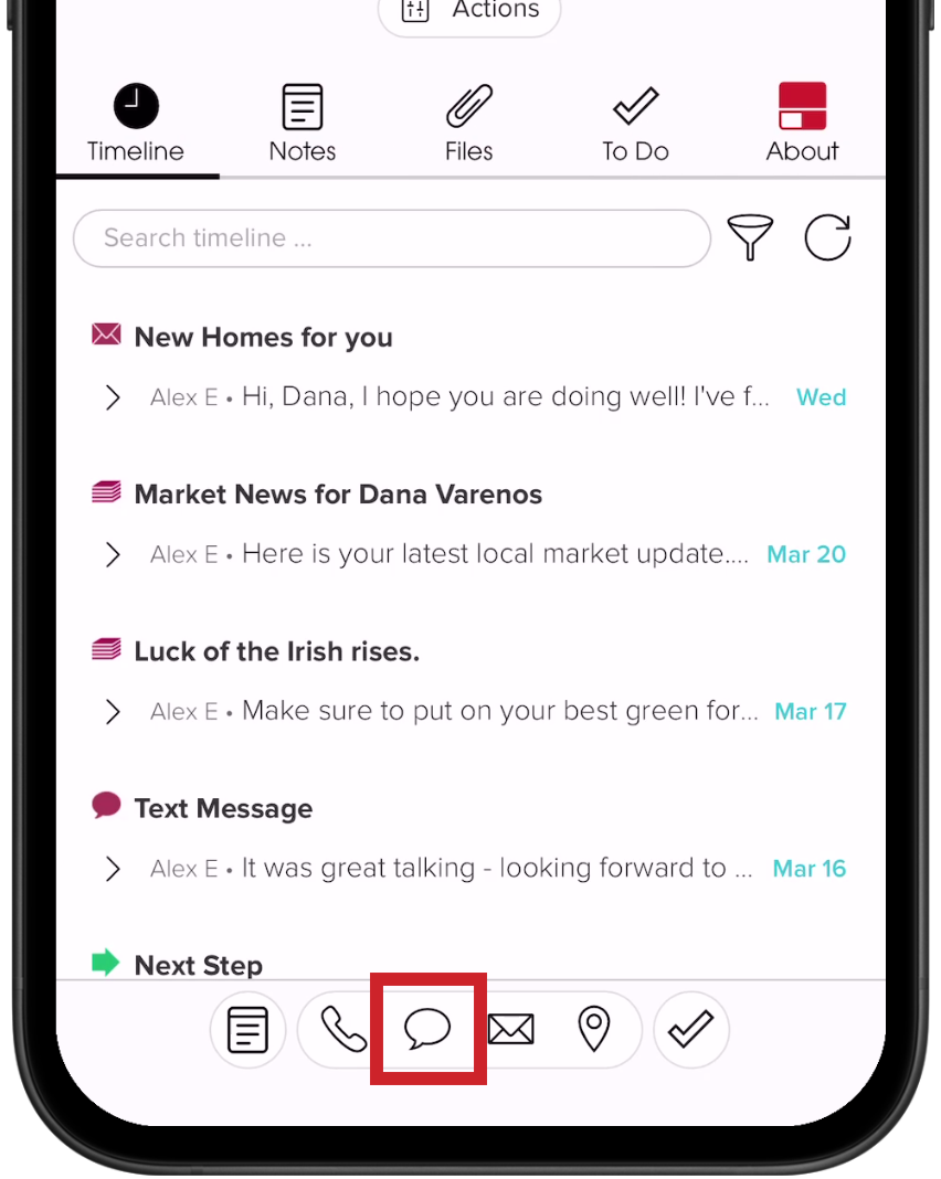 On a contact's profile, tap the text bubble to send a text. 