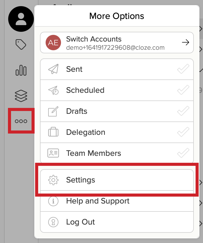 On cloze.com, Tap on More (...) then Settings.