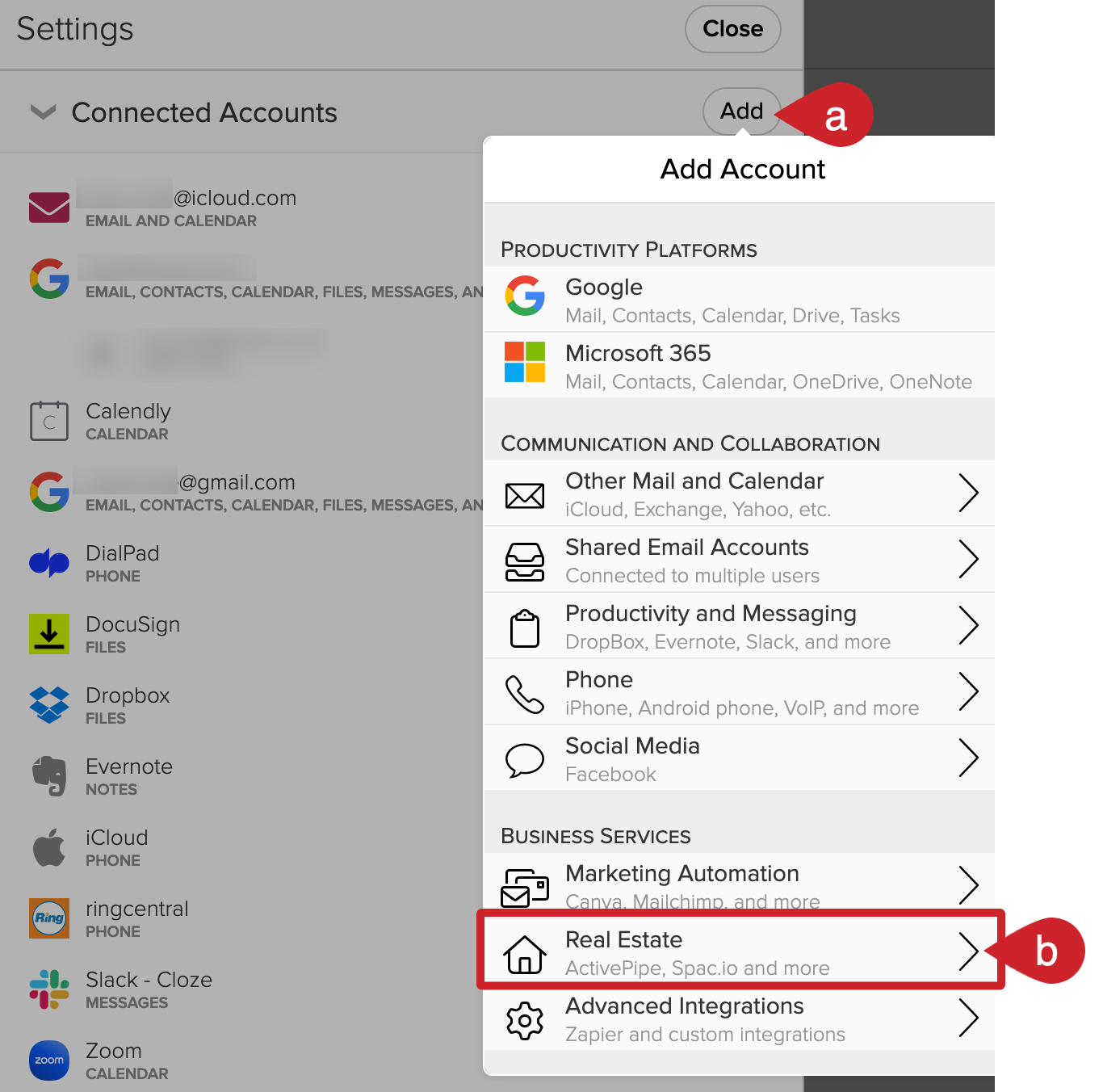 Cloze Settings: In Connected Accounts tap on the Add button and select Marketing Automation. 