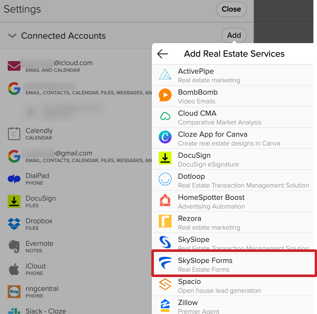 Cloze Settings: Connect SkySlope Forms. 