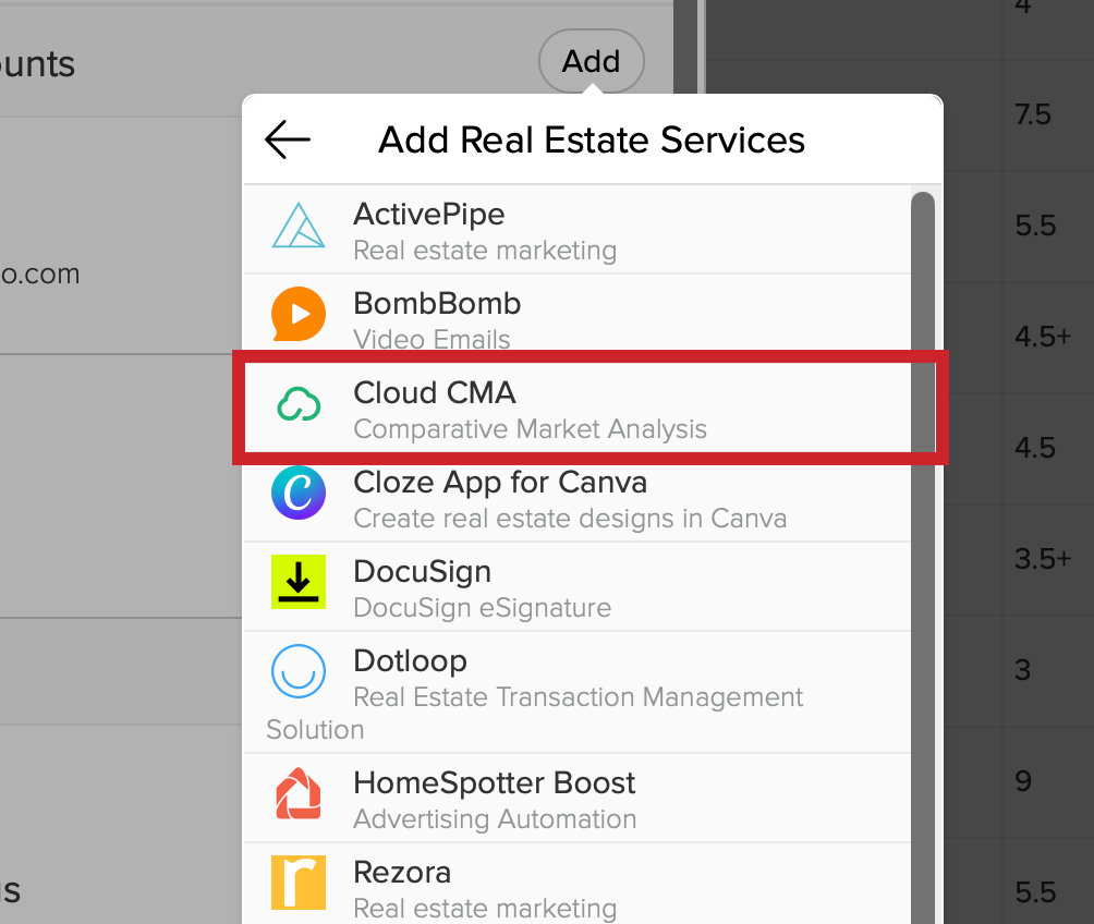 Add Real Estate Services > Select Cloud CMA