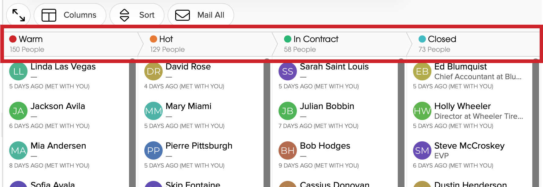 Kanban view with columns grouped by Stage 