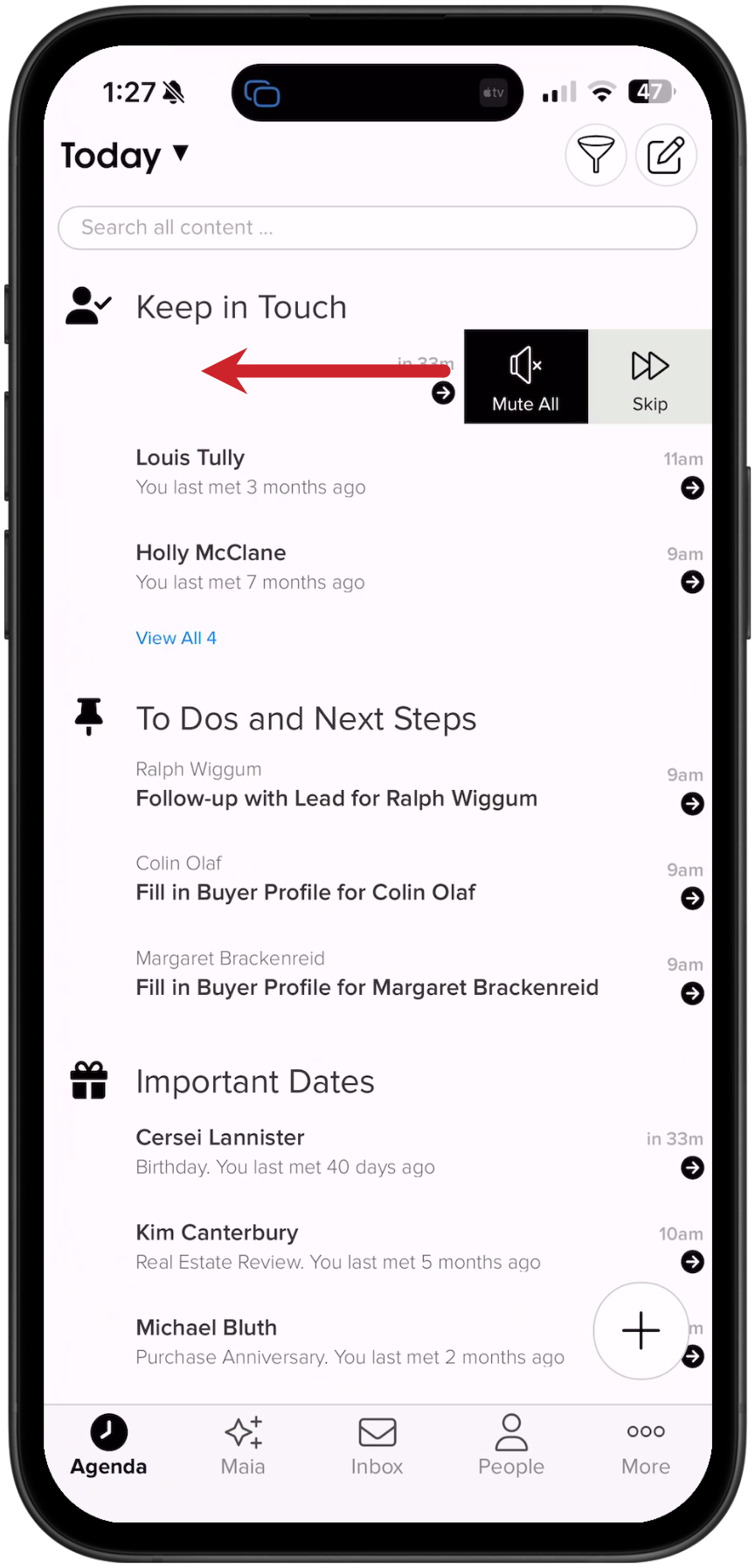 Swipe to the left to mute or skip a reminder.