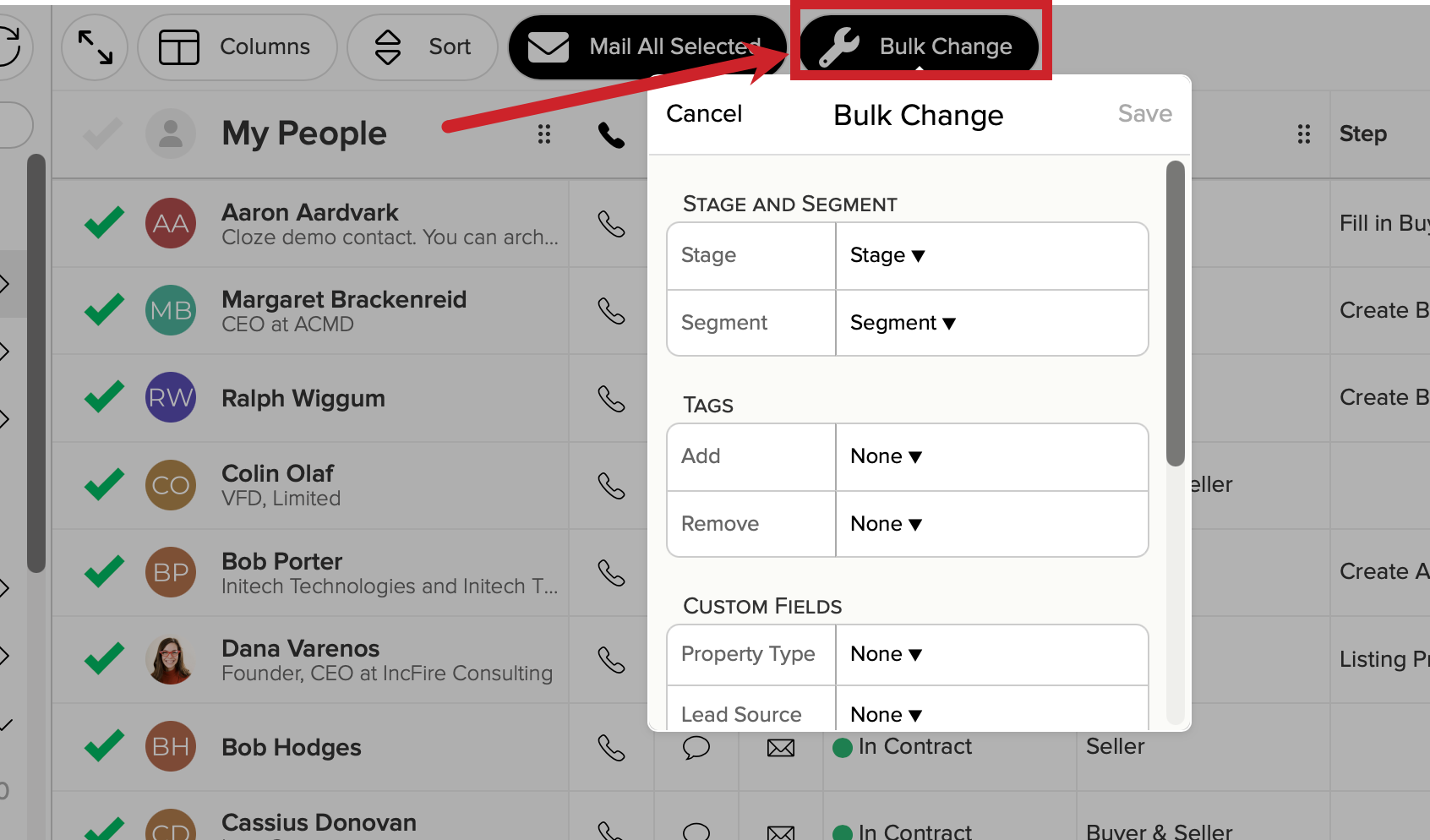 Tap on the Bulk Change button at the top to make any changes to all selected contacts. 