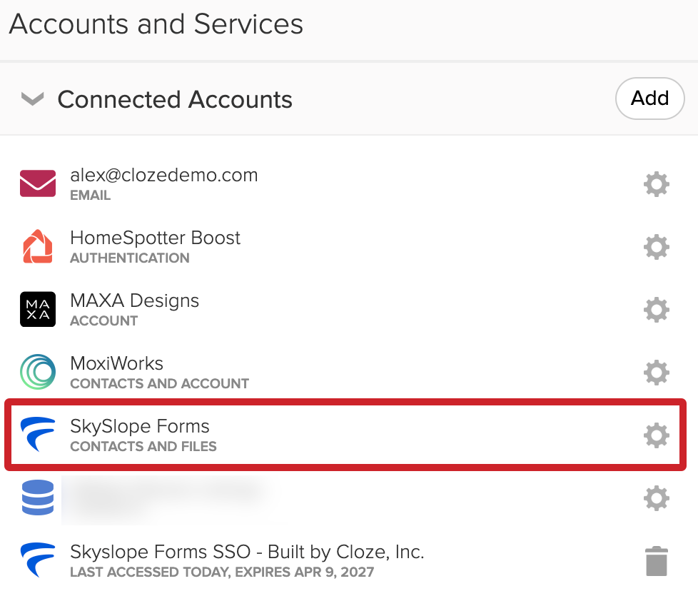 Cloze Settings: SkySlope Forms connected to Cloze.