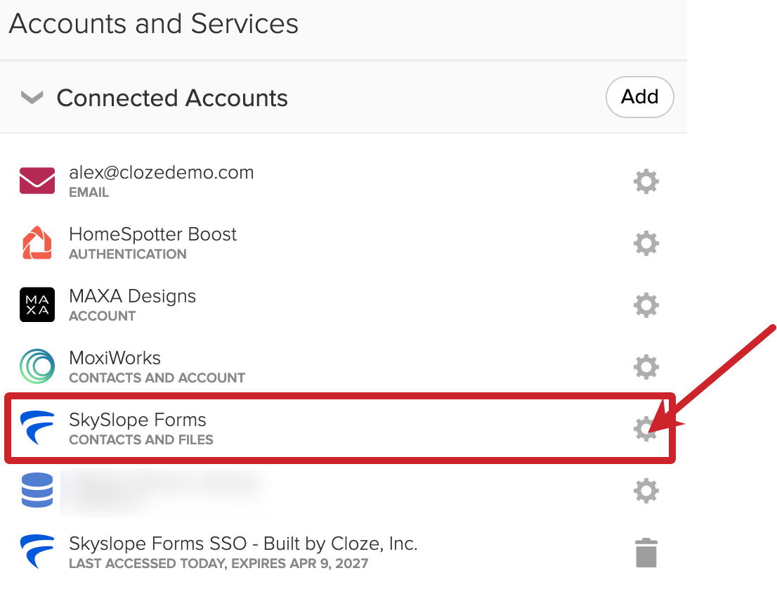 Cloze Settings > Connected Accounts > Tap on the gear icon to update SkySlope Forms settings.