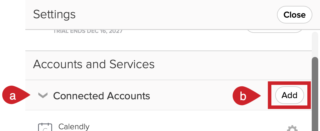 Cloze Settings: Tap on Connected Accounts to expand the section and then tap on the Add button.