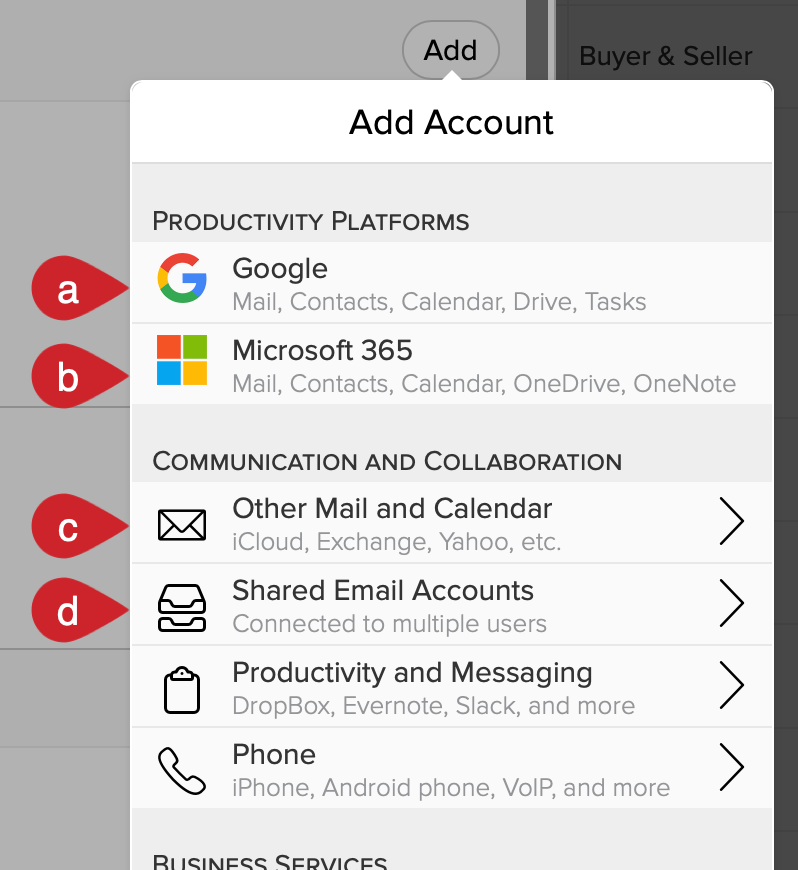 Cloze Settings - Connected Accounts: Select the email services you wish to connect.