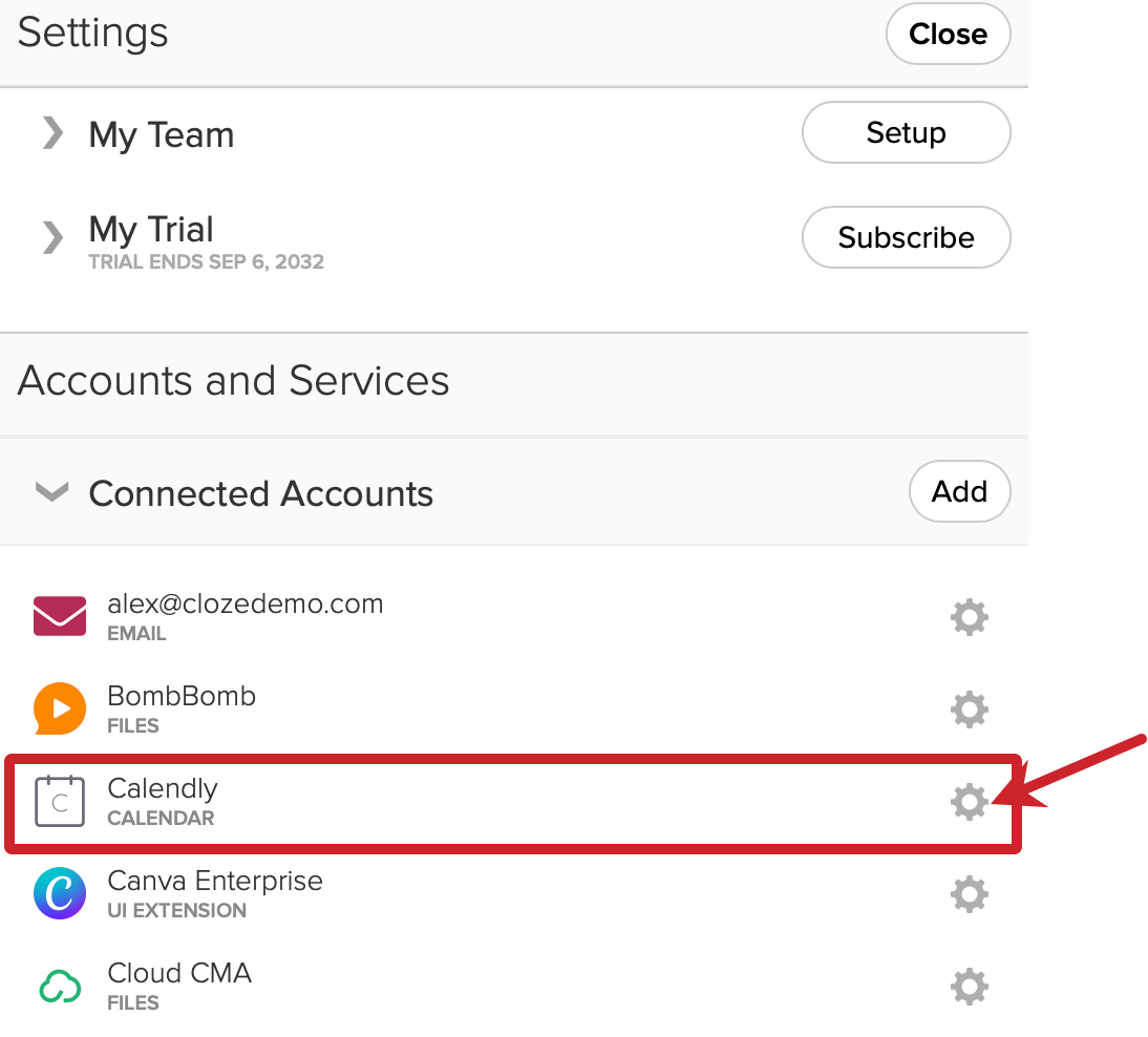 Cloze Settings: Tap on gear next to Calendly.
