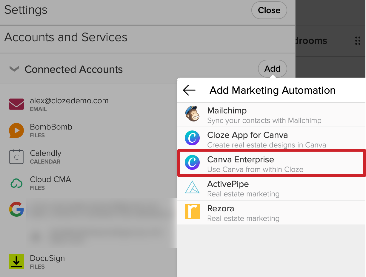 Cloze: Marketing Automation > Select Canva Enterprise.