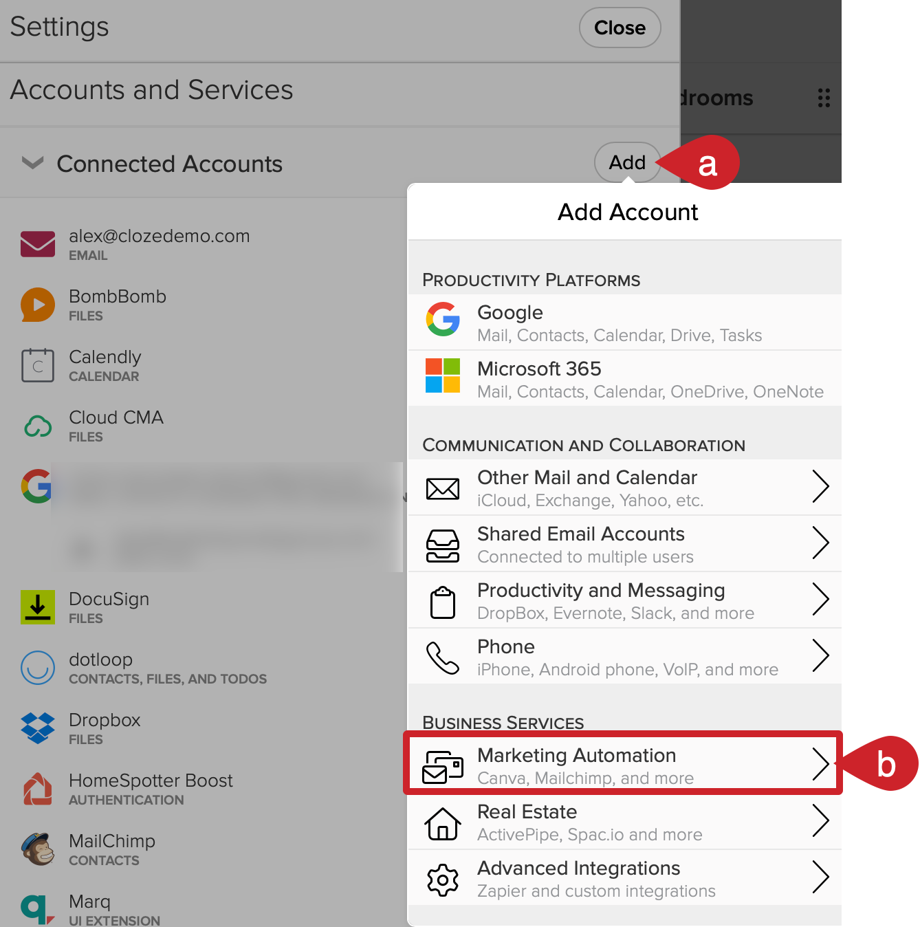 Cloze Settings: In Connected Accounts tap on the Add button and select Marketing Automation. 