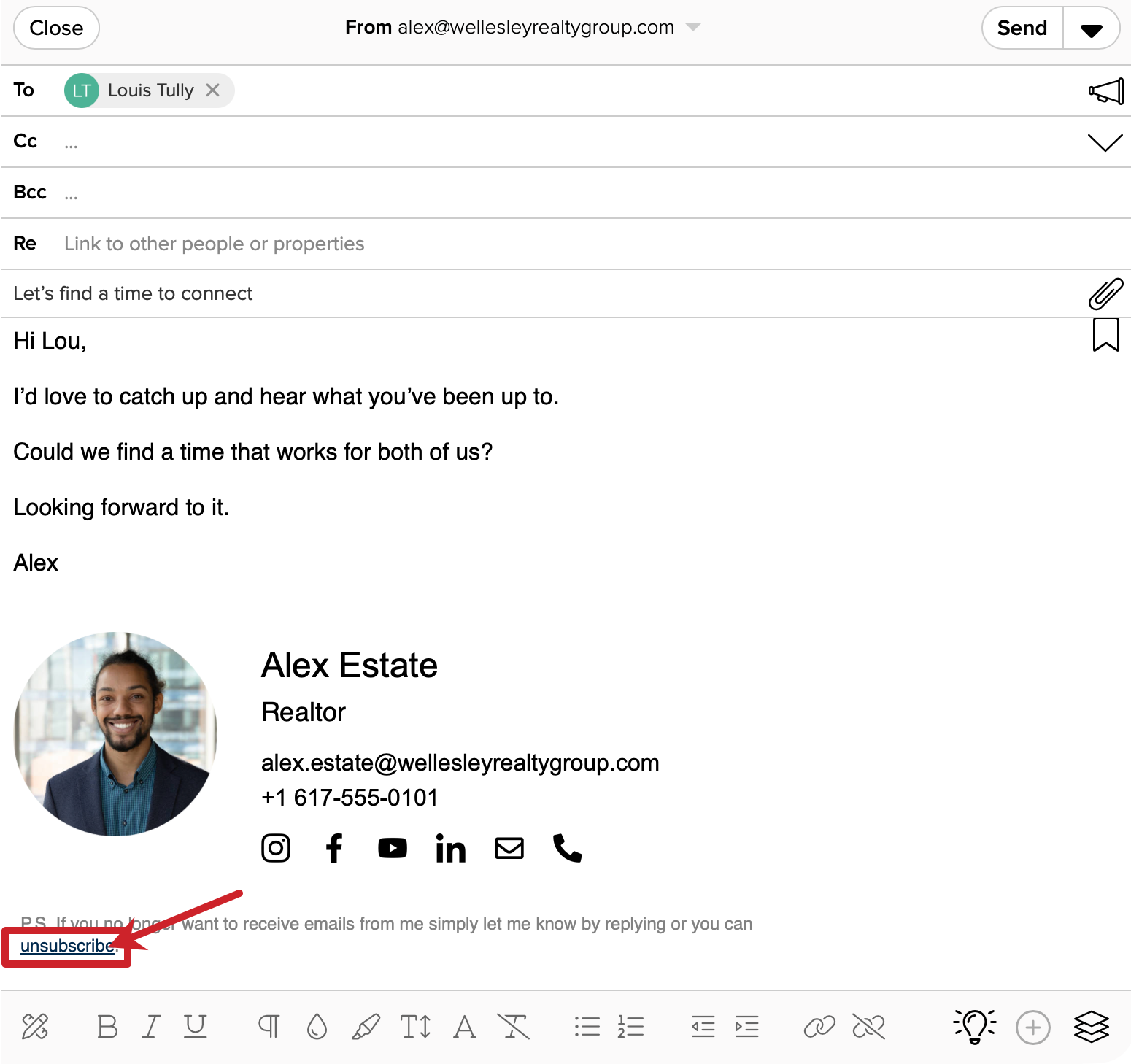 Cloze email example with unsubscribe in email signature.