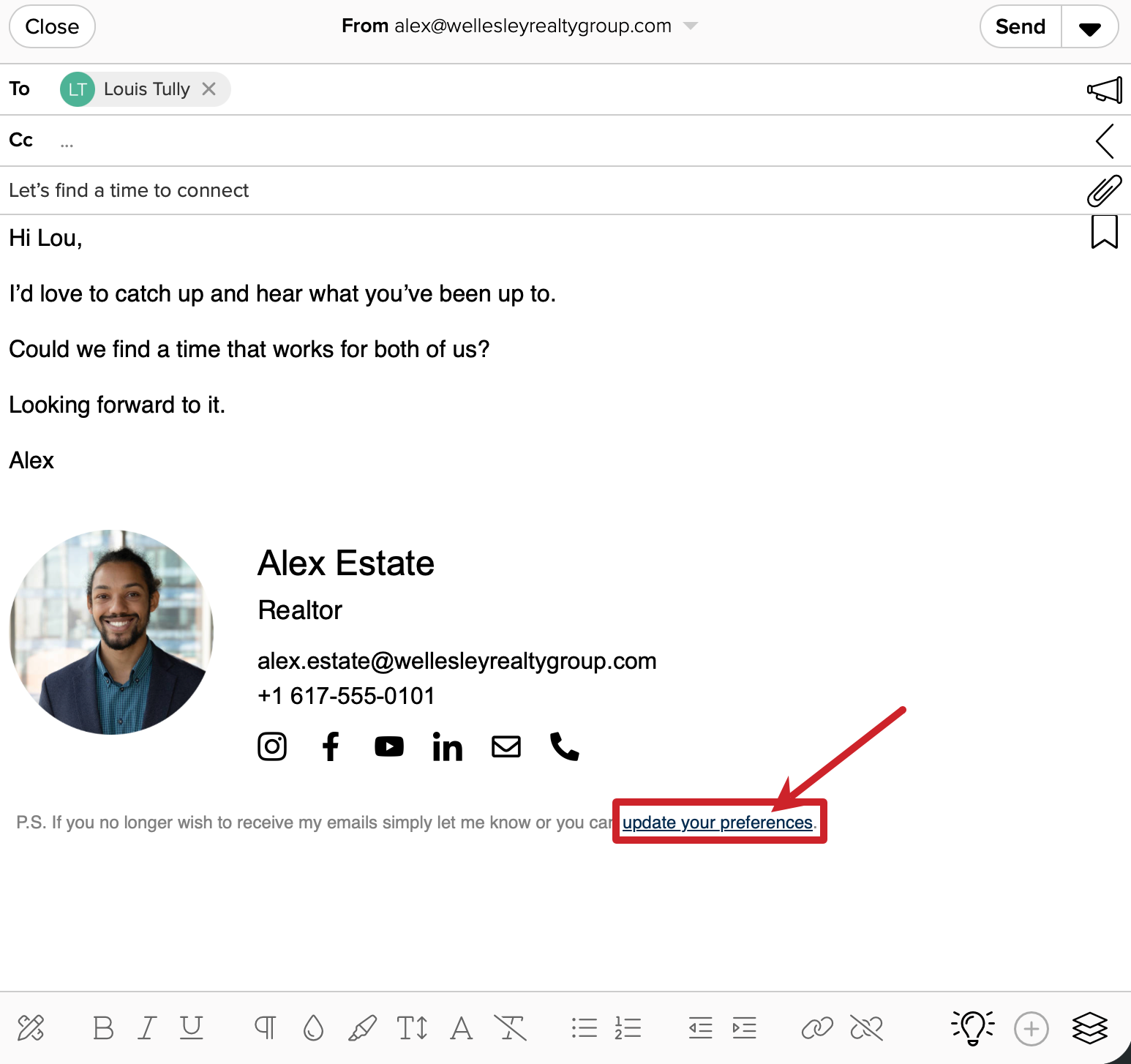 Cloze email example with update preferences in email signature.